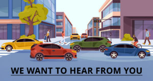 Diferan mòd transpò, machin, bisiklèt, moun k ap mache nan yon entèseksyon ki gen anpil trafik. 