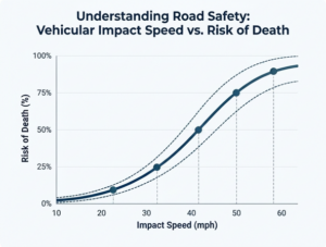 Un gráfico lineal titulado «Comprender la seguridad vial: velocidad de impacto del vehículo frente al riesgo de muerte» muestra la relación entre la velocidad de impacto del vehículo y la probabilidad de muerte. El eje horizontal va de 10 a 60 millas por hora, y el eje vertical, del 0 % al 100 % de riesgo. Una línea continua se curva bruscamente hacia arriba a medida que aumenta la velocidad, con puntos marcados cerca de las 20, 30, 40, 50 y 60 mph. Cada punto tiene una guía vertical discontinua que apunta al eje de la velocidad. Dos líneas discontinuas por encima y por debajo de la curva principal muestran el margen de incertidumbre. El gráfico muestra que el riesgo de muerte aumenta considerablemente a velocidades más altas.