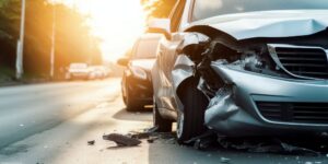Un coche plateado con graves daños en la parte delantera se encuentra en primer plano en una carretera tras una colisión. El parachoques y la estructura metálica están aplastados, y hay piezas rotas esparcidas por el asfalto. Detrás de él, un coche de color oscuro está parado cerca, también implicado en el accidente. La cálida luz del sol ilumina la escena, mostrando las secuelas de un accidente entre dos vehículos.